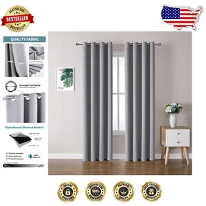 Grommet Blackout Curtains Set, 90" Long, Light Grey, Easy Care Design - Picture 1 of 8