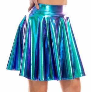 High Waisted Metallic Pleated Skirt Holographic Festival Reflective Laser Skirt - Picture 1 of 23