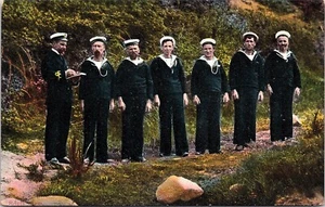 1900s' HM Coast Guard Postcard Officer Sailors Traditional Blues Taking Muster - Picture 1 of 2
