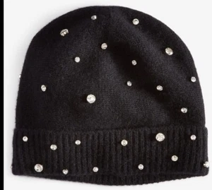 Charter Club 100 % Kaschmir Beanie-Mütze mit Bündchen ~ schwarz verziert mit Kristallen Neu mit Etikett - Bild 1 von 3