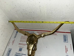 Vintage BRASS Texas LONGHORN Skull Head Mid Century Wall Art - Picture 1 of 8