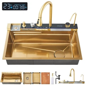 Fregadero de cocina de acero inoxidable fregadero de cascada juego de fregadero fregadero empotrado grifo dorado - Imagen 1 de 20