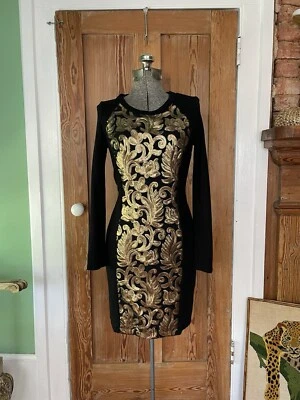 Vestido elástico Karen Kane dourado com lantejoulas frontal preto Bodycon ~ Tamanho pequeno 💛🍄 - Imagem 1 de 4