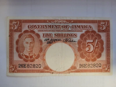 1957 Jamaica 5 Shillings King George VI Rare Bank Note - Image 1 of 2