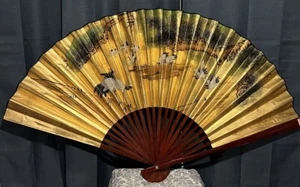 Vintage großer handbemalter Wandfächer Vögel Natur Bäume Gold Papier Bambus asiatisch - Bild 1 von 12