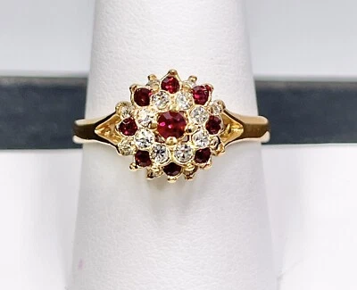 Ring Gold Tone Cocktail Red And Clear Rhinestones Glass Sz 9 - Image 1 of 4