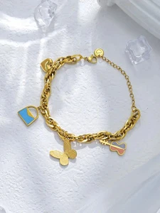 Bracciale catena pendente acciaio inox donna tono oro vintage lucido gioielli - Foto 1 di 9