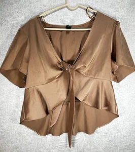 Wild Fable XXL Taupe Brown Satin Short Sleeve Blouse Ruffle Knot Plunge V-neck - Picture 1 of 6