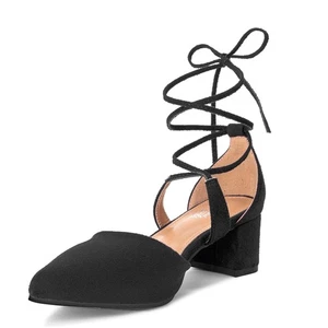 Black Faux Suede Lace Up Block Heels Parisian Chic Balletcore Holiday Party 7 - Picture 1 of 19