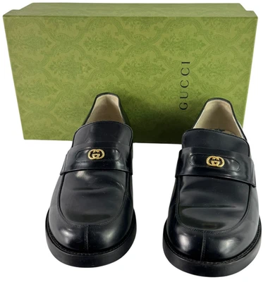 GUCCI 658224 Interlocking GG Black Leather Men Loafers Made in Italy 10-10.5US - Image 1 of 4
