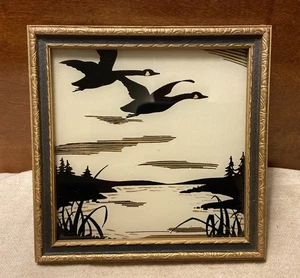 Vintage 6x6” Reverse Painted Silhouette Canadian Geese At Sunset Wall Decor - Picture 1 of 5