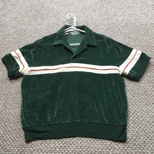 Vintage Kennington Chemise Shirt Mens L/XL Green Velour Striped Short Sleeve 70s - Picture 1 of 11