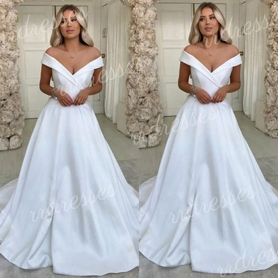 White Ivory Wedding Dresses Summer Simple V Neck Satin Lace-up Bridal Gowns - Image 1 of 4