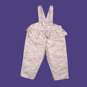 Vtg OshKosh B’gosh Vestbak Floral Bib Overalls Fitted Girls 2T Pink Fruit Ruffle - Picture 1 of 10