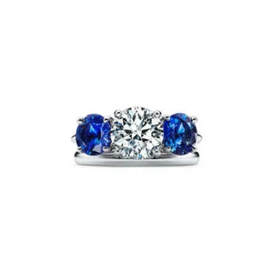 Three Stone Engagement Ring with 2.50 Ct Round CZ & Sapphire in solid 925 silver - Picture 1 of 3