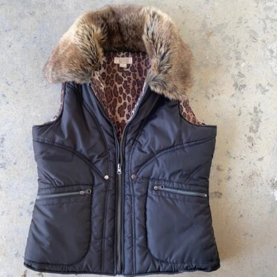 Christopher&Banks Black Puffy Vest/Fur Collar Front Zip Pockets, Sz.Medium EUC - Image 1 of 4