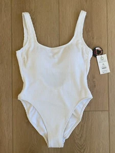 No Boundaries Crinkle Textured Scoop Back High Cut White One Piece Swimsuit M - Picture 1 of 2