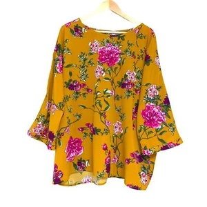 Mustard Yellow Floral Loose Flowy Blouse with Back Button Detail 3XL by Darling - Picture 1 of 6