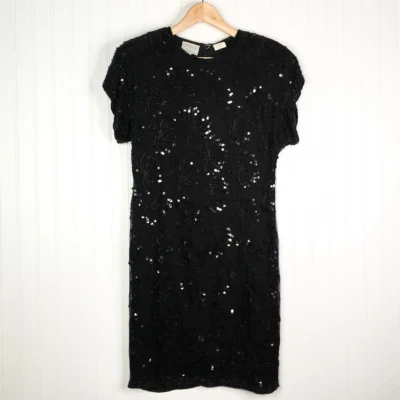 Vestido recto Stenay para mujer negro cuello redondo manga corta cuentas lentejuelas 100 % seda 6 Foto 1 de 4