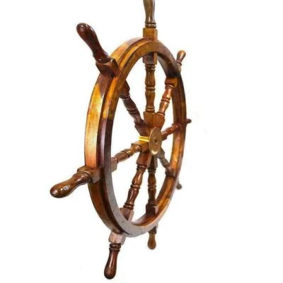 Big Steering Antique Teak Brass Nautical Pirate Ship's Brown Wooden Wheel - Image 1 of 4