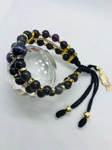 Pulsera Buchon Santa Muerte doble con piedra natural Amatista Morada doble - Picture 1 of 5