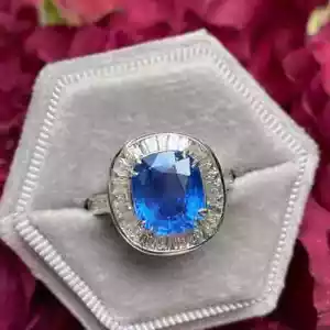 Fede Nuziale 6,50 Ct Cuscino Naturale Zaffiro Blu Diamante Vero Oro Bianco 14K - Foto 1 di 6