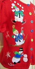 Vintage TIARA Ugly Christmas Sweater Cardigan Women ALL OVER SNOWMAN SEQUINS S