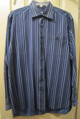 SZ S IKE BEHAR NEW YORK MENS BLACK & BLUES STRIPED BUTTON UP DRESS SHIRT, GUC - Image 1 of 4