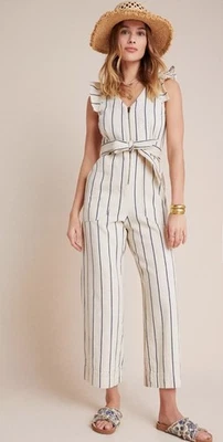 Anthropologie Hedda джинсовой ткани комбинезон кремовый в полоску широкий укороченный ноги без рукавов 2 $158 - Изображение 1 из 4