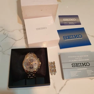 Seiko V172-0AK0 Solar Powered Chronograph Alarm 2 Tone Watch BOXED Like New - Picture 1 of 7