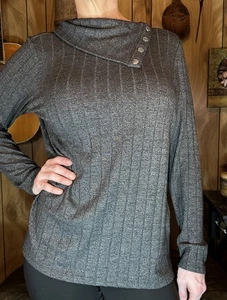 Rafaella Damen Gr. M Grau Gerippt Wasserfallausschnitt Top mit Knopfdetail - Bild 1 von 2