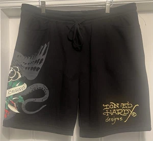 Authentic Ed Hardy Snake “The Corps” Knife Rose Fleece Shorts Black XL - Picture 1 of 6