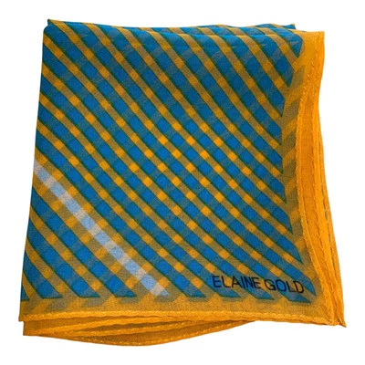 Vintage Elaine Gold Silk Scarf Yellow Turquoise Stripe 21” Square Chiffon Sheer  - Image 1 of 4