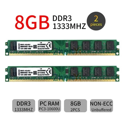 Kingston 16GB 2x 8GB DDR3 1333MHz PC3-10600U KVR1333D3N9/8G DIMM Memory SDRAM BT - Image 1 of 4