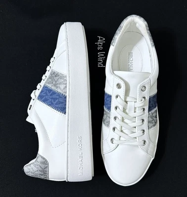 Michael Kors lace up MK signature print sneaker shoes white blue Size- 8M NWOB - Image 1 of 4