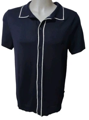 French Connection Sweater Mens Size Large Black Short Sleeve Button Collar Soft  - Image 1 of 4