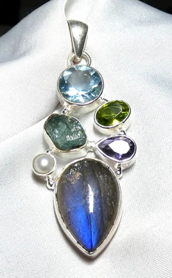 ✨ Labradorit 925 Anhänger mit Blautopas Peridot, Aquamarin,  Amethyst & Perle✨ - Bild 1 von 4