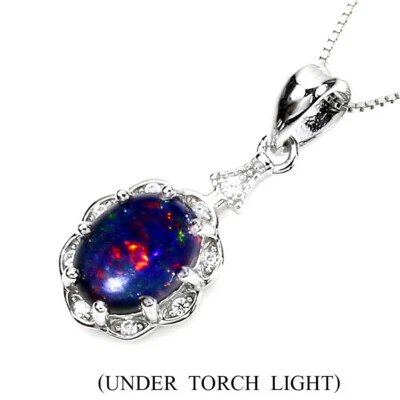 925 Sterling Silver Necklace Oval Black Opal 9x7mm Simulated Cz Gemstone Jewelry - Image 1 of 4