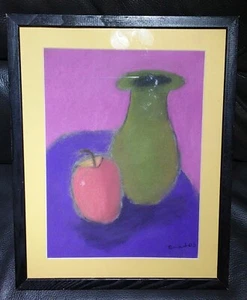 Signed Folk Art Abstract Fruit Still Life Purple Pastel Drawing Framed & Matted - Picture 1 of 12
