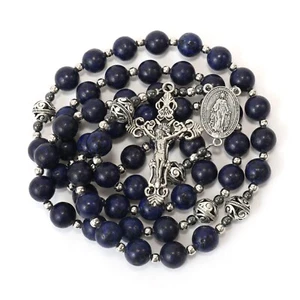 Lapis Lazuli Beads Rosary Necklace Miraculous Medal with Silver Crucifix - Picture 1 of 7