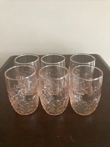 6er Set Vintage rosa Depressionsglas kleine Gläser floral geätzt Art Deco Muster - Bild 1 von 5