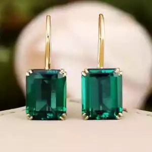 4.00 Ct Emerald-Cut Lab-Created Green Emerald Drop Hoop Earrings 14k Yellow Gold - Picture 1 of 3
