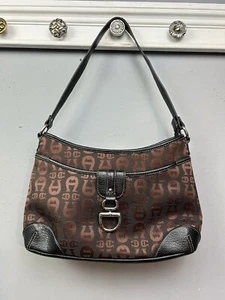 Etienne Aigner Tan Brown Signature Logo Print Shoulder Bag Purse Hobo Buckle - Picture 1 of 11