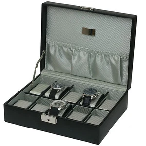  TS4100BLK- 10 Watch Box Black Leather Case Engravable Plaque - Picture 1 of 3