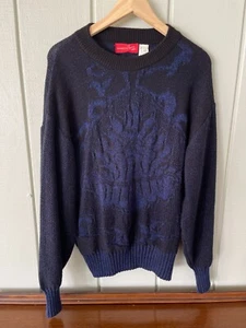 Suéter italiano vintage Massini patrón floral negro y azul - grande para hombre - Imagen 1 de 5