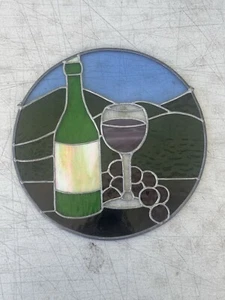Tiffany Style Stained Glass Round Window Panel Wine Glass Grapes Bottle 10.5” - Picture 1 of 5