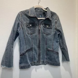 French Cuff Womens Jean Jacket Blue Frayed Full Zip Pockets Collar Denim M - Picture 1 of 12