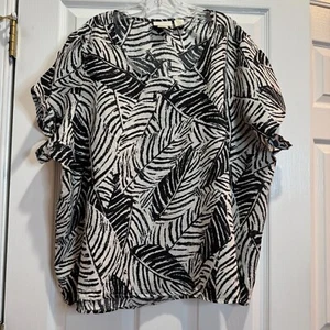 Cynthia Rowley Womens Linen Top Short Sleeve Pullover Tropical Black Ivory Sz 3X - Picture 1 of 13