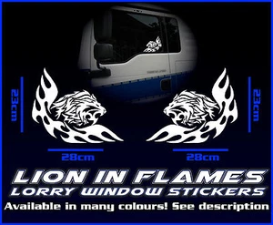 Pegatina para ventana de camión Lion & Flames x2 vidrio TGA TGX TGM TGL HGV CABINA DE AUTOBÚS - Imagen 1 de 7