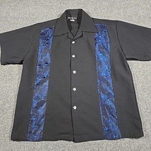 JOHNNY SUEDE Camicia da Campeggio Media Manica Corta Martini Nero Blu Bottoni Dadi - Foto 1 di 13